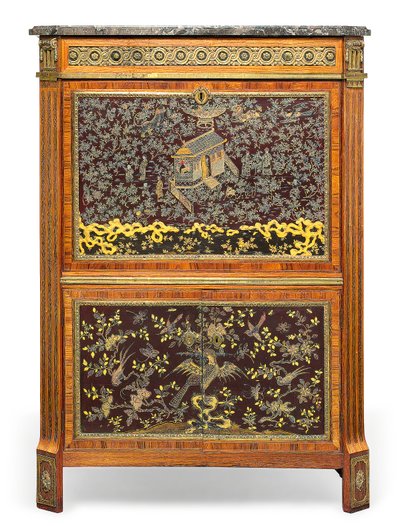 Secretaire a Abbatant de Luís XVI, final do século 18 (mármore, couro, pau-brasil montado em ormolu, madeira de tulipa, amaranto, laca chinesa incrustada de madrepérola e japonês) (ver também 3479849) de Pierre Harry Mewesen