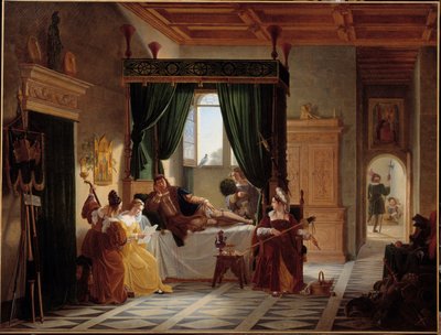 A recuperação de Bayard O cavaleiro Pierre Terrail, senhor de Bayard (1476-1524) em covalescência após o cerco de Brescia. Pintura de Pierre Henri Revoil (1776-1842) Sol do século XIX. 1,35 X 1,77 m de Pierre Henri Revoil