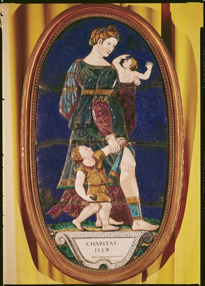 Placa representando Caridade, Limousin, 1559 (esmalte pintado) de Pierre I Courteys