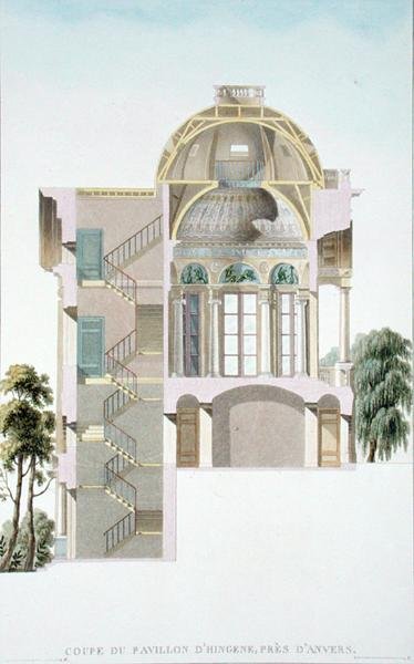 Secção transversal do Pavilhão de Hingene, perto de Anvers, de "Choix des Monuments, Edifices et Maisons les plus remarquables du Royaume des Pays-Bas" de Pierre Jacques Goetghebuer, publicado em 1827 (aquatint) (ver também 186054) de Pierre Jacques Goetghebuer