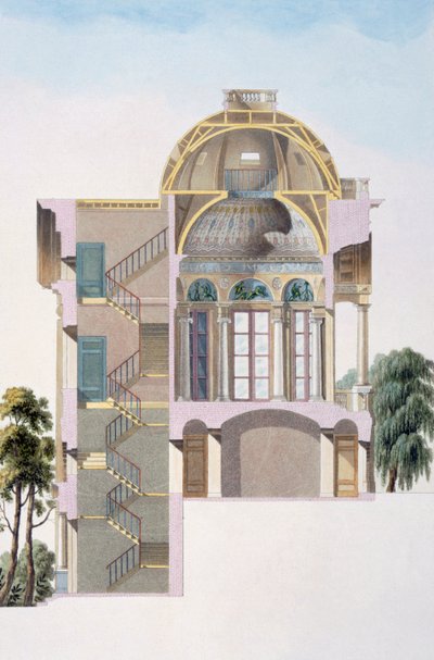 Secção transversal do Pavilhão de Hingene, perto de Antuérpia, de "Escolha dos Monumentos, Edifícios Notáveis e Casas do Reino dos Países Baixos" por Pierre Jacques Goetghebuer, publicado em 1827 (colo de Pierre Jacques Goetghebuer
