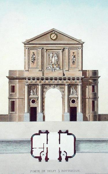 Gateway of Delft, Roterdão, de "Choix des Monuments, Edifices et Maisons les plus remarquables du Royaume des Pays-Bas" de Pierre Jacques Goetghebuer, publicado em 1827 (aquatint) de Pierre Jacques Goetghebuer