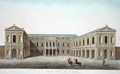 Palais Royal, Haia, de "Choix des Monuments, Edifices et Maisons les plus remarquables du Royaume des Pays-Bas" de Pierre Jacques Goetghebuer, publicado em 1827 (aquatint) de Pierre Jacques Goetghebuer