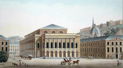 Teatro de Liège, de "Choix des Monuments, Edifices et Maisons les plus remarquables du Royaume des Pays-Bas" de Pierre Jacques Goetghebuer, gravado pelo autor, publicado em 1827 (aquatint) de Pierre Jacques Goetghebuer