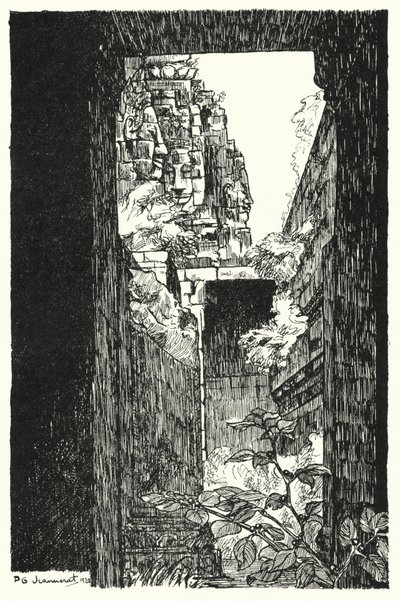 No Bayon, vislumbrar através de um telhado caído (gravura) de Pierre Jeannerat de Beerski