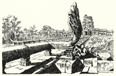 No parque de Angkor Vat, as Gopuras Ocidentais (gravura) de Pierre Jeannerat de Beerski