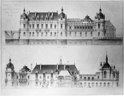 Projeto para a reconstrução da fachada norte e da fachada do Petit Chateau do Château de Chantilly, 1875 (lápis e wc no papel) (foto bw) de Pierre Jerome Honore Daumet