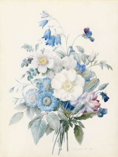 Ásteres azuis, rosa spinosissima (híbrida), campainha, violas, cravos e uma rosa selvagem de Pierre Joseph Redouté