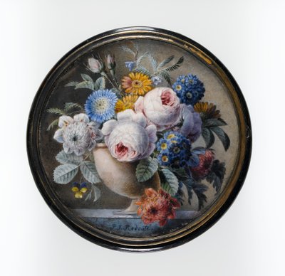 Caixa de Casco de Tartaruga com uma Miniatura de Flores em um Vaso de Pedra sobre uma Laje de Mármore, 1827 (wc e bodycolour no cartão, colocada sob o vidro em um monte de metal dourado) de Pierre Joseph Redouté