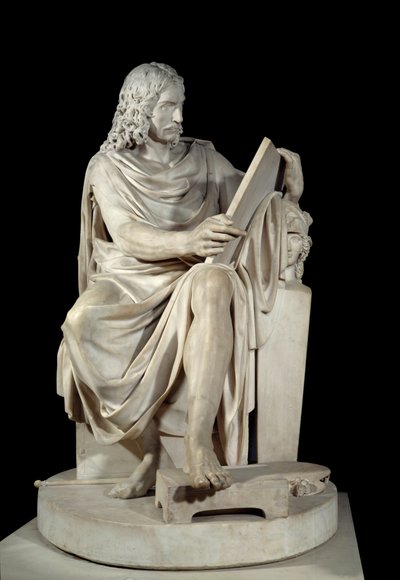 O pintor francês Nicolas Poussin (1594-1660) Escultura em mármore de Pierre Julien (1731-1804) 1804 Sun. 1,64x1,01 m Paris, Musee du Louvre de Pierre Julien