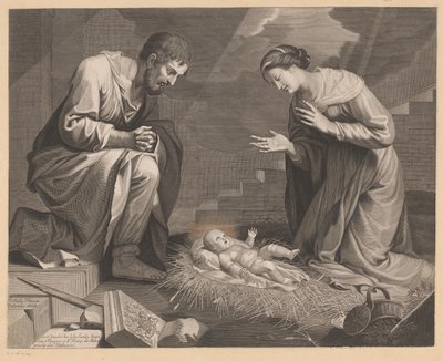 Maria e José em adoração perante a criança Cristo de Pierre Landry