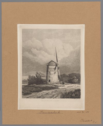 Vista do moinho de vento de Steenenmolen ou Rembrandt em Koudekerk aan den Rijn Moinho de vento de Rembrandt em Koukerk (título no objeto) de Pierre Louis Dubourcq
