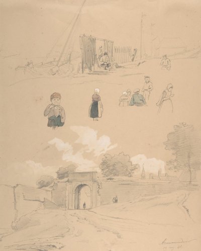 Folha de estudo com figuras e paisagens em Arnemuiden perto de Middelburg..., meados do século XIX. de Pierre Louis Dubourcq