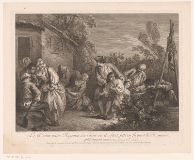 Ragotin gevlucht in een rozenstruik
O destino retira Ragotin do roseiral onde se tinha atirado enquanto fugia de Rancune, que acreditava estar morto
Scènes uit de Roman Comique van Scarron (título da série) de Pierre Louis Surugue