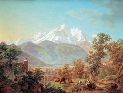 Le Mont-Blanc visto de Sallanches ao pôr do sol Pintura de Pierre Louis da costa (1753-1817) 1802 Musee d? arte e d? história da cidade de Genebra Suíça de Pierre Louis de La Rive