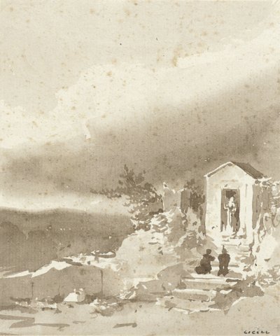 Duas pessoas ajoelhadas nas escadas em frente a uma capela nas montanhas de Pierre Luc Charles Ciceri