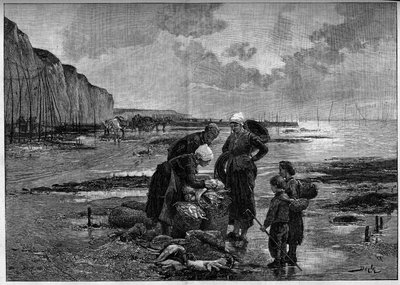 A pesca de Dieppe, maree baixa. Gravura após a pintura de Pierre Beyle (1838-1902) em "The Illustrous World" n°1327 de 2 de setembro de Pierre Marie (after) Beyle