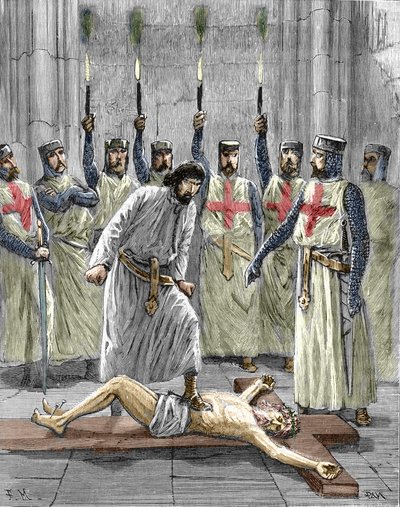 Heresia dos Templários: representação de uma cerimónia de entrada de um cavaleiro na ordem do templo, sendo os Templários, de acordo com as confissões publicadas após a sua prisão e julgamento em 1307, forçados a negar Cristo e a pisar a cruz durante um de Pierre Mejanel