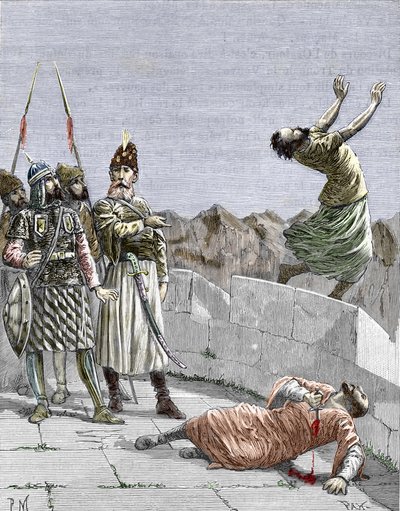 Ismaili sect of the east ou assassinos fundados por Hassan ibn al-Sabbah (1036-1124), conhecido como o velho da montanha," rep ordenando a dois dos seus fanáticos seguidores que se matassem, Alamut, Persia, por volta de 1096" (Nizari Ismailism: representaç de Pierre Mejanel