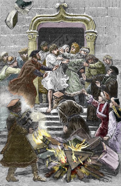 Socinianismo e Pequena Igreja Polaca: os habitantes de Cracóvia queimam as obras de Faustus Socinus (Faust Socin ou Fausto Sozzini) (1539-1604) na praça pública, obrigando-o a assistir à autodafe em 1598 (Socinianismo e Irmãos Polacos: a queima de de Pierre Mejanel