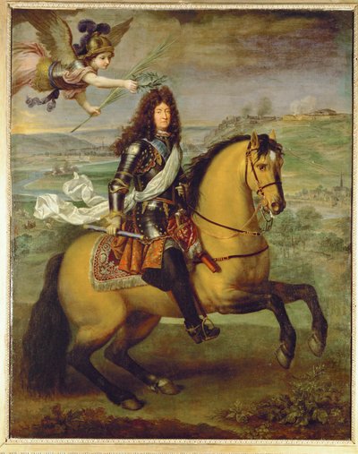 Luís XIV a cavalo, coroado pela vitória ... (pintura sobre tela) de Pierre Mignard