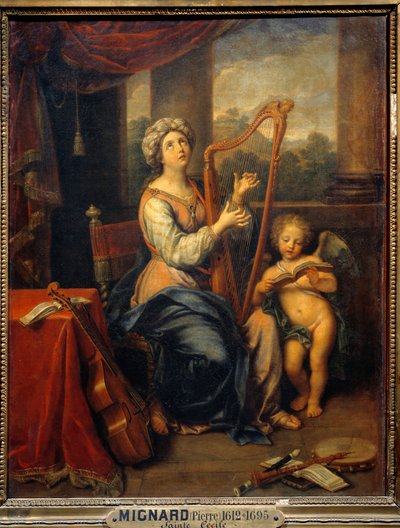 Santa Cecile cantando os louvores do Senhor A santa toca harpa e está rodeada de instrumentos. Pintura de Pierre Mignard (1612-1695) 1691 Sol. 0,74x0,56 m Paris, Musee du Louvre de Pierre Mignard