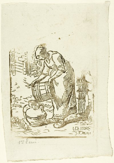 Mulher enchendo latas de água de Pierre Millet