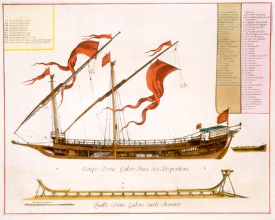 Tipos de navegação: uma galera de dois mastros: seção através de &39;Le Naptune Francois&39;, c.1693-1700 (gravura colorida à mão) de Pierre Mortier