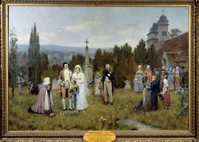 Cena de casamento subsidiária da Piete, as jovens noivas reúnem-se no túmulo do falecido pai de uma das jovens noivas. Pintura de Pierre Otin (1840-1899) do século XIX. Fecamp, centro de artes do museu de Pierre Outin