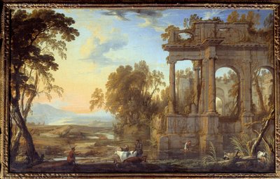 Paisagem com Ruínas e Pastores Pintura de Pierre Patel o Pere (1605-1676) Sol do século XVII. 0,53x0,83 m de Pierre Patel