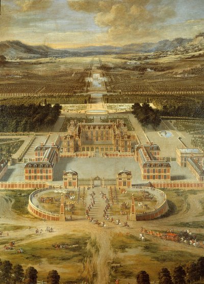 Vista dos jardins do castelo de Versalhes, tirada da Avenida de Paris em 1668. Detalhe. Pintura de Pierre Patel, o Pai de Pierre Patel