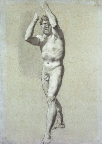 O estudo de um homem, com os dois braços erguidos sobre a cabeça, virou-se ligeiramente para a esquerda; Academia dos Homens, dois braços levantados acima da cabeça, vira ligeiramente para a esquerda, de Pierre Paul Prudhon