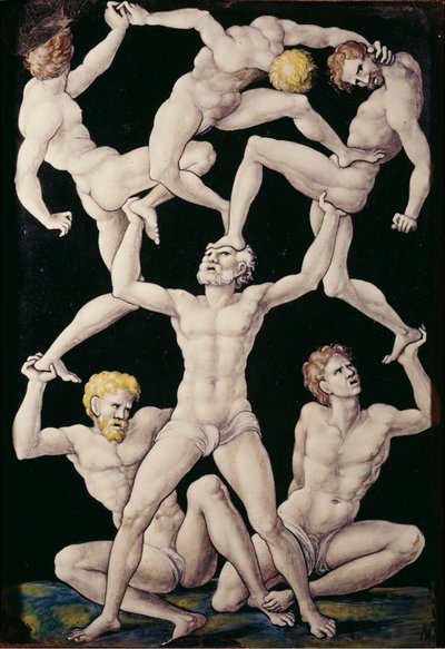 Placa com acrobatas, c.1550 (esmalte pintado sobre cobre) de Pierre Penicaud