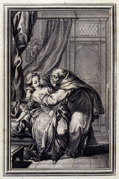 Como o espírito chega às meninas. em "Tales et nouvelles en verse", de Jean La Fontaine. 1776. Ilustração de P.P. Choffard. de Pierre Philippe Choffard