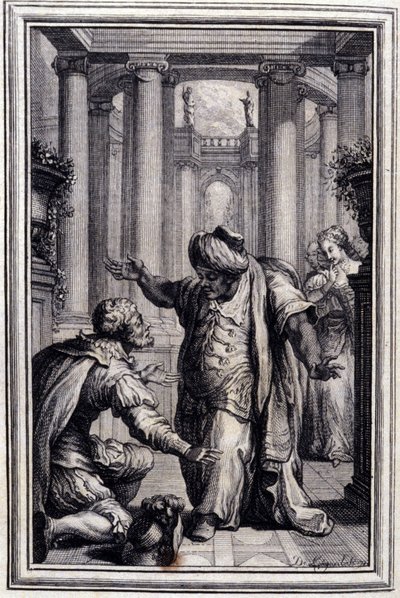 O pequeno Cão que atira dinheiro e pedras - em "Contos e contos em verso", de Jean La Fontaine. 1776. Ilustração de P.P. Choffard. de Pierre Philippe Choffard