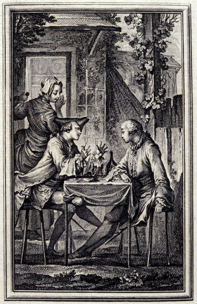 o auricultor ou o mexilhão raccomoder. Em "Tales et nouvelles en vers" de Jean de La Fontaine, Amsterdam 1776. ilustrado por P.P.Choffard. de Pierre Philippe Choffard