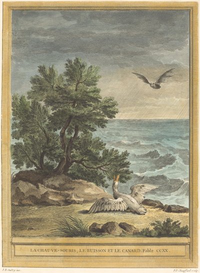 O morcego, o arbusto e o pato de Pierre Philippe Choffard after Jean Baptiste Oudry