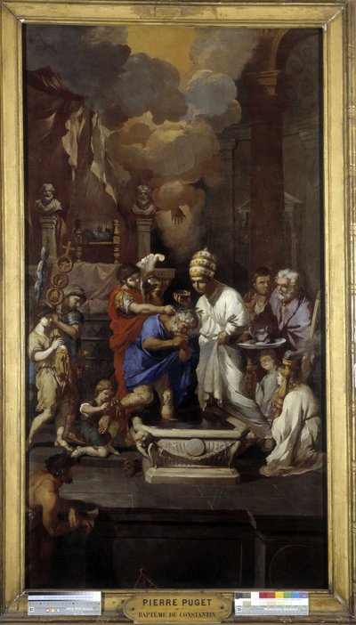 O baptismo de Constantino: O Imperador Caio Flávio Valério Aurélio Constantino recebe o sacramento do Papa Silvestre I (Santo), na Basílica de São João de Latrão, em Roma. de Pierre Puget