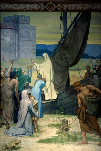 Sainte Genevieve fornece aos parisienses sitiados pelo exército de Átila, rei dos hunos. Fresco por Pierre Puvis De Chavannes (1824-1898) Paris do século XIX. Pantheon de Pierre Puvis de Chavannes