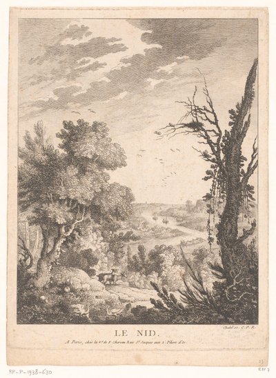 Paisagem com veados, coelhos e pássaros e um rio no fundo
Le Nid (título sobre o objecto) de Pierre Quentin Chedel