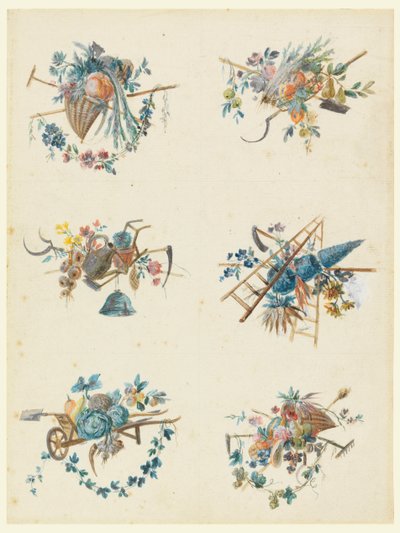 Seis troféus com os atributos de jardinagem de Pierre Ranson