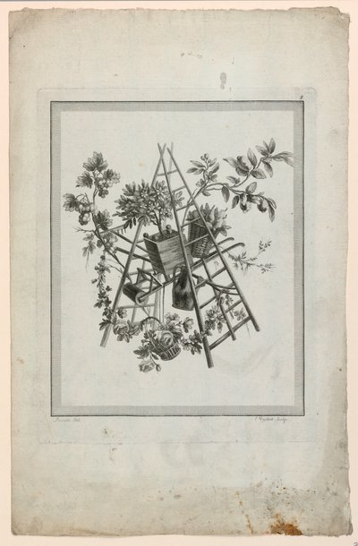 Troféu com Instrumentos de Jardinagem, Placa 2 da "Suíte de Diferentes Atributos, Troféus e Grupos de Flores", Suíte II de Pierre Ranson