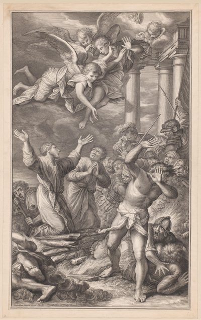 Cosmas e Damian na fogueira, rodeados de soldados e anjos de Pierre Simon (I)