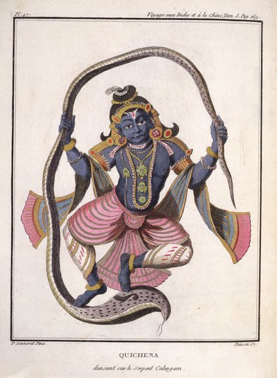 Krishna dançando na Kaliya Snake, de &39;Journey to India and China&39; de Pierre Sonnerat, gravado por Poisson, publicado em 1782 de Pierre Sonnerat