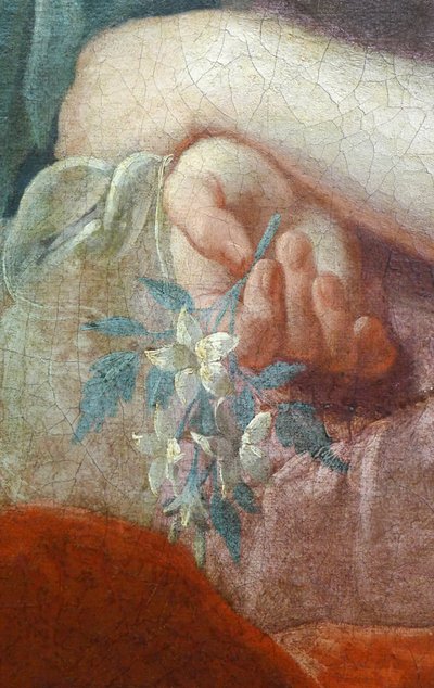 Mão de uma jovem mulher segurando um ramo florido. Detalhe do Retrato de Madame Poulhariex e da sua filha, por volta de 1728 (óleo sobre tela) de Pierre Subleyras