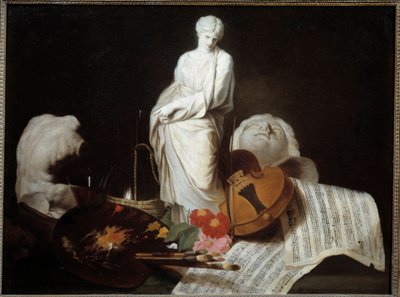 Os atributos da Paleta de Artes do pintor, violino, partituras, escultura. Pintura de Pierre Subleyras de Pierre Subleyras