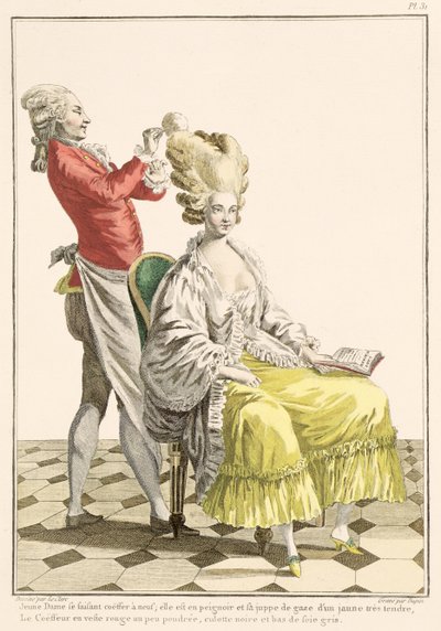 Uma jovem mulher em um Peignoir com seu cabeleireiro, placa 31 de &39;Galerie des Modes et trajes Francais&39;, gravada por Dupin, 1778 de Pierre Thomas Le Clerc