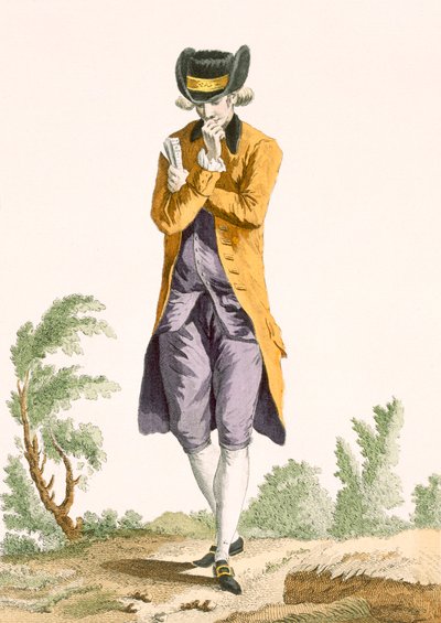 Um jovem estudante agindo burguesa profundamente no pensamento, gravado por Dupin, placa no.22 de &39;Galeries des Modes et trajes Francais&39;, c.1778-87 de Pierre Thomas Le Clerc
