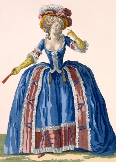 Vestido em estilo inglês, em azul eléctrico, com rebordos bordados a borro, gravado por Bacquoy, prato no.182 da Galeries des Modes et Costumes Francais, c.1778-87 99: vestuário; de Pierre Thomas Le Clerc