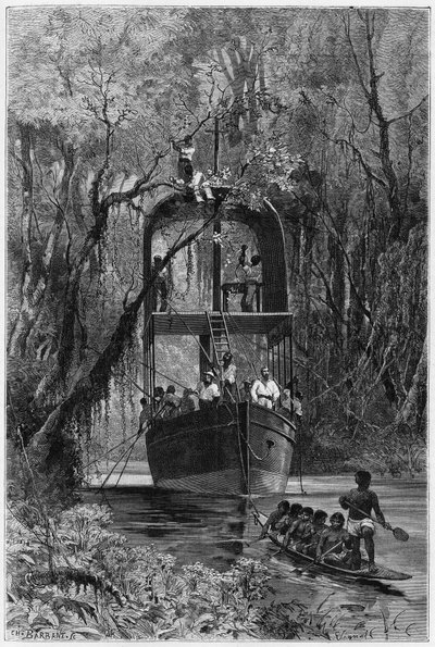 Um barco de pavimentação, emprestado pelo explorador, para descer a Samiria superior (Peru). Gravura de Vignal, para ilustrar a história "Amazônia e Cordilheiras". de Pierre Vignal
